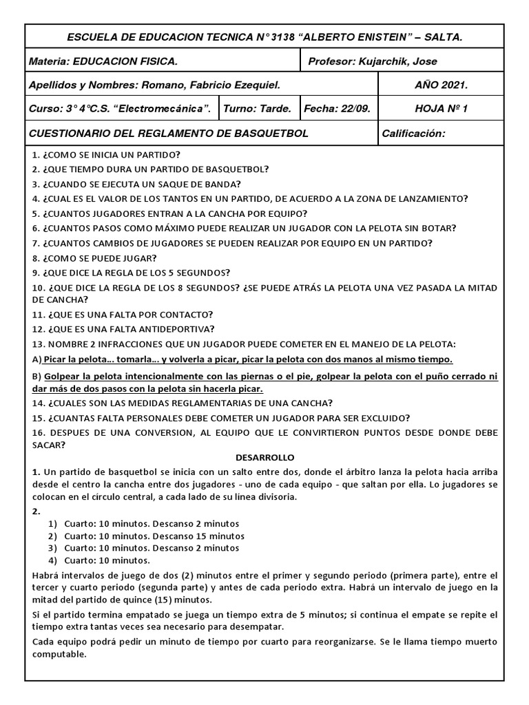 Cuestionario Del Reglamento de Basquetbol | PDF | Defensor (Asociación de  Fútbol) | Reglas y regulaciones deportivas