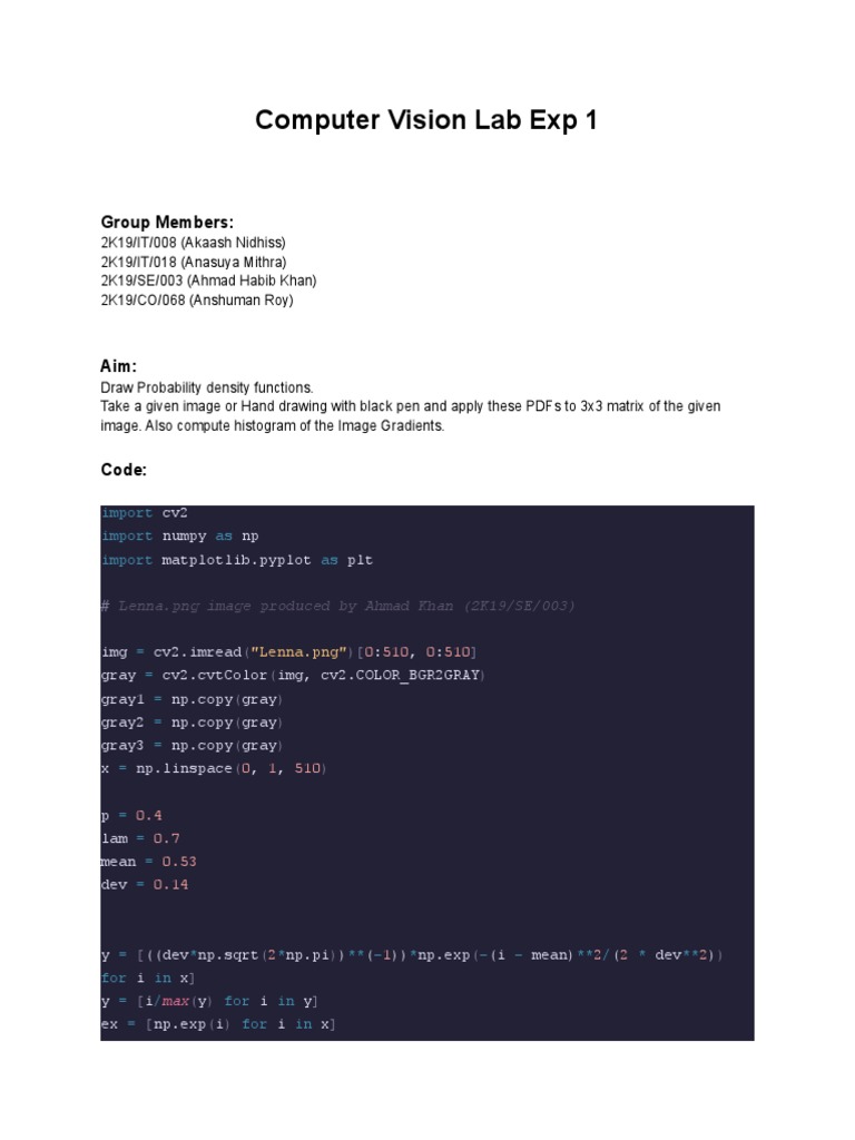 Computer Vision Lab Exp 1: Group Members | PDF | Applied Mathematics ...