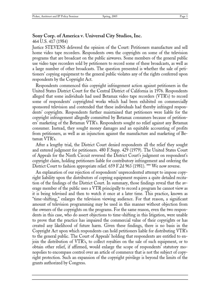 Sony Corp v. Universal City Studios 2 PDF Secondary Liability