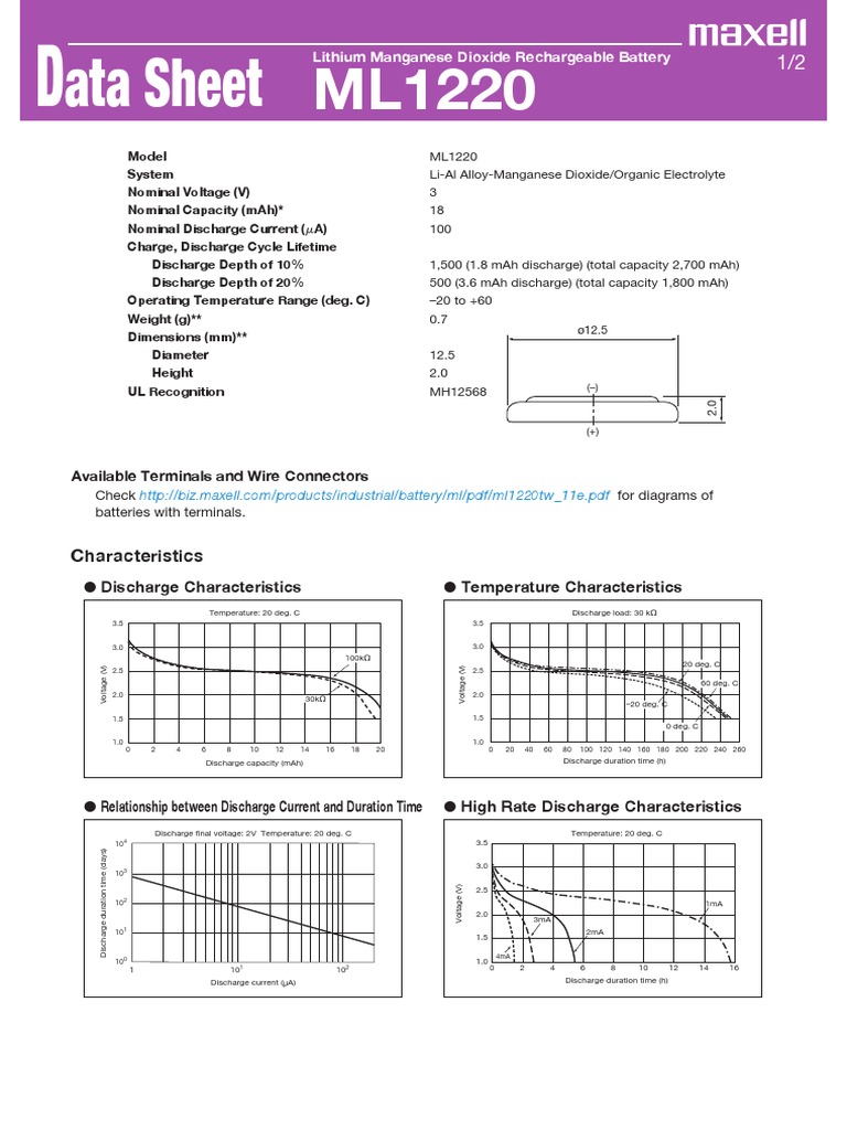 ML1220 DataSheet Table | PDF | Rechargeable Battery | Energy Storage