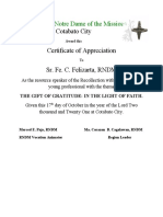 Religious of Notre Dame of The Missions: Cotabato City Certificate of Appreciation Sr. Fe. C. Felizarta, RNDM