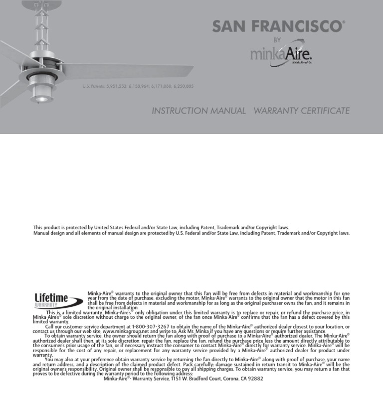 Minka Aire San Francisco Instruction Manual Warranty Certificate PDF