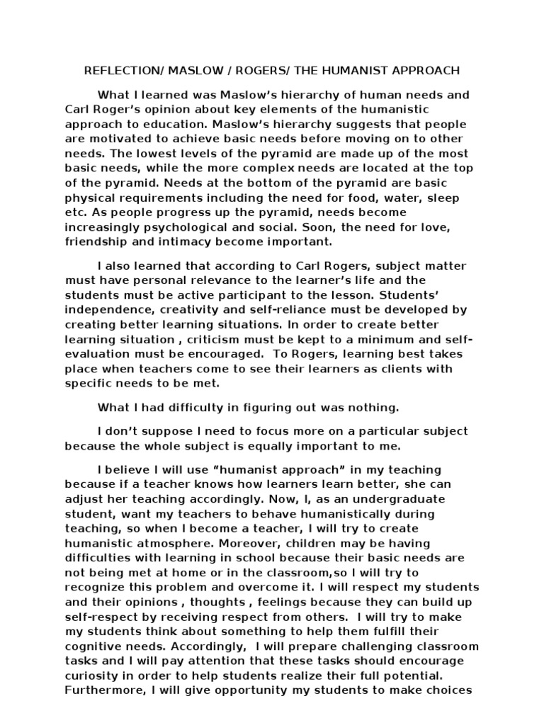 Reflection, Maslow, Rogers, The Humanist Approach | PDF | Wellness ...