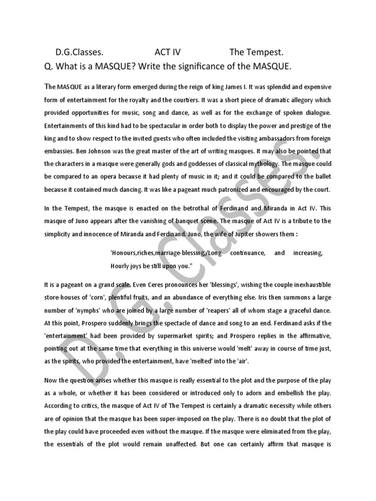 D.G.Classes. Act Iv The Tempest. Q. What Is A MASQUE? Write The