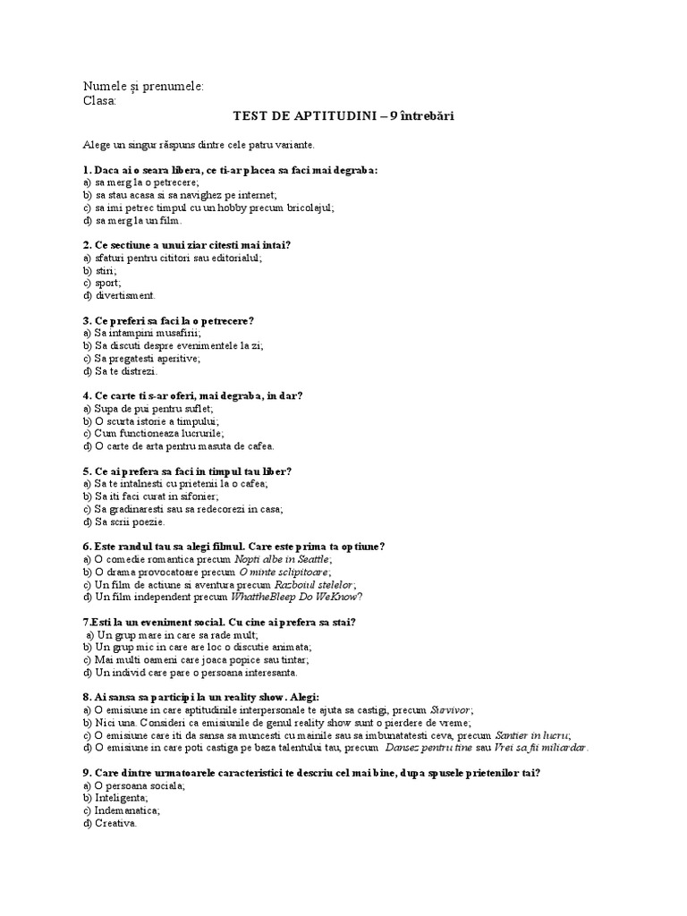Test Aptitudini - 9 Întrebări | PDF