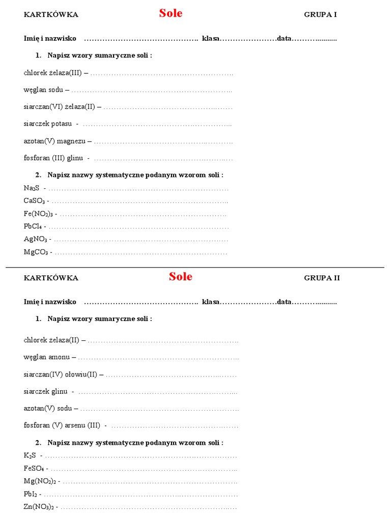 Wzory I Nazwy Soli Kartkowka Pdf