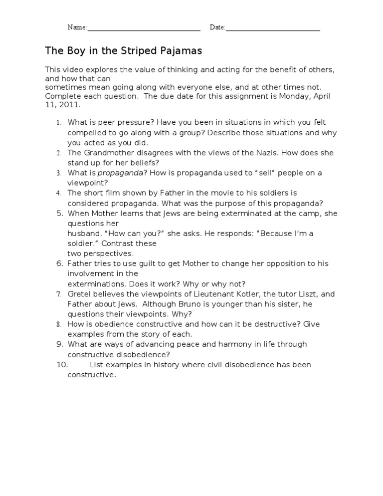 The Boy in the Striped Pajamas Assignment