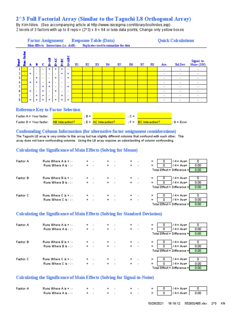 2 3 Full Factorial Array (Similar To The Taguchi L8 Orthogonal Array