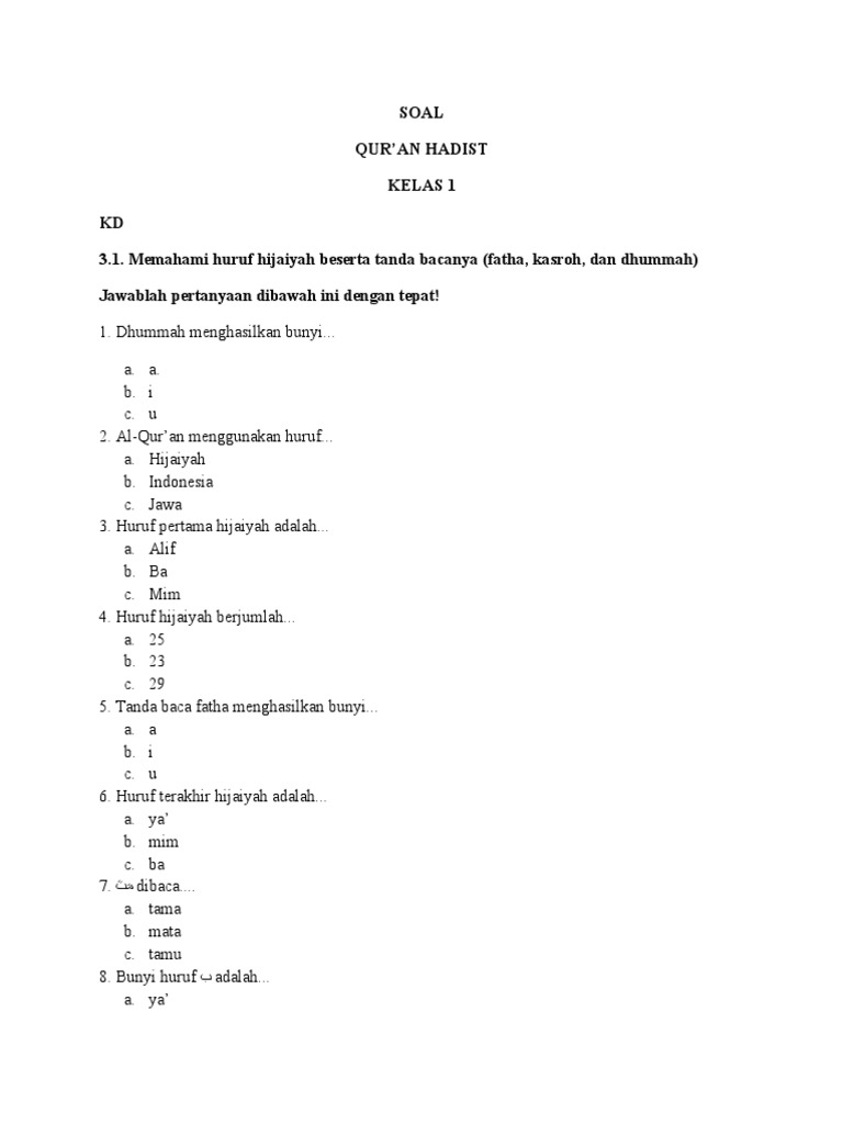 Soal Uts Quran Hadist Kelas Sem.1 PDF