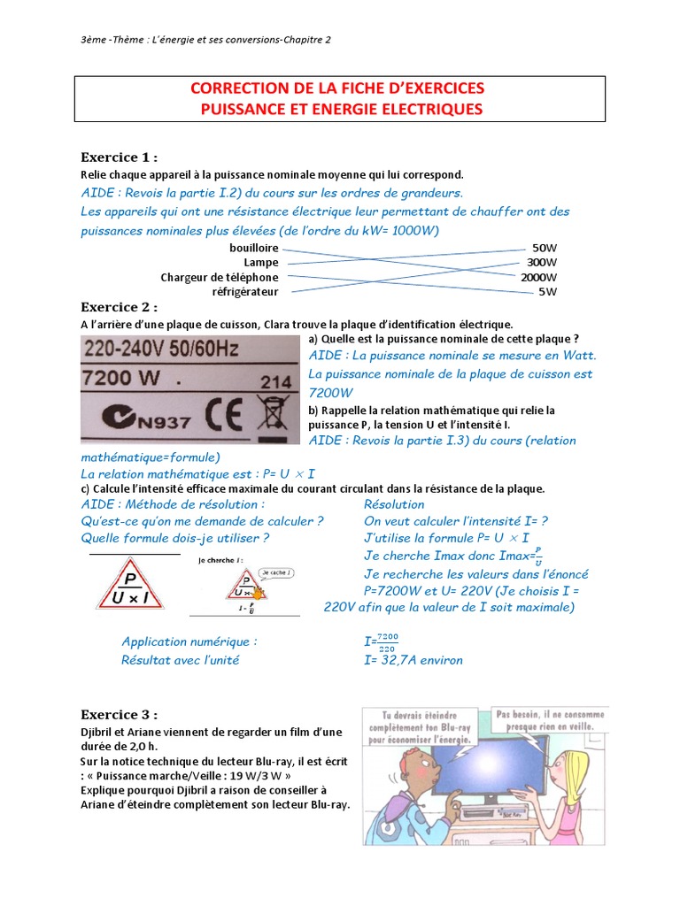 L Energie Et Ses Conversions 3eme Evaluation 2-Fiche Exercices P Et e Correction | PDF | Puissance (physique) | Énergie  éolienne
