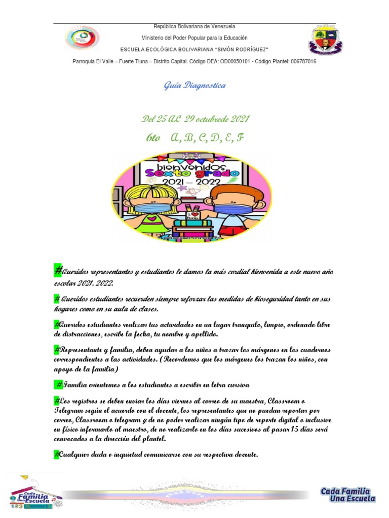 Guia DIAGNOSTICA Del 25 Al 29 de OCTUBRE Del 2021 6TO Grado A, B, C, D ...