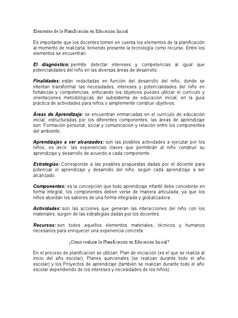 Elementos de La Planificación en Educación Inicial | PDF | Aprendizaje ...