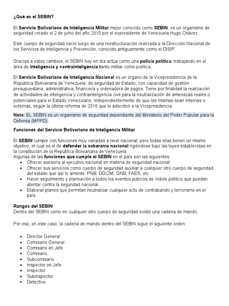 Estructura y funciones del SEBIN | PDF | Gobierno | Seguridad nacional