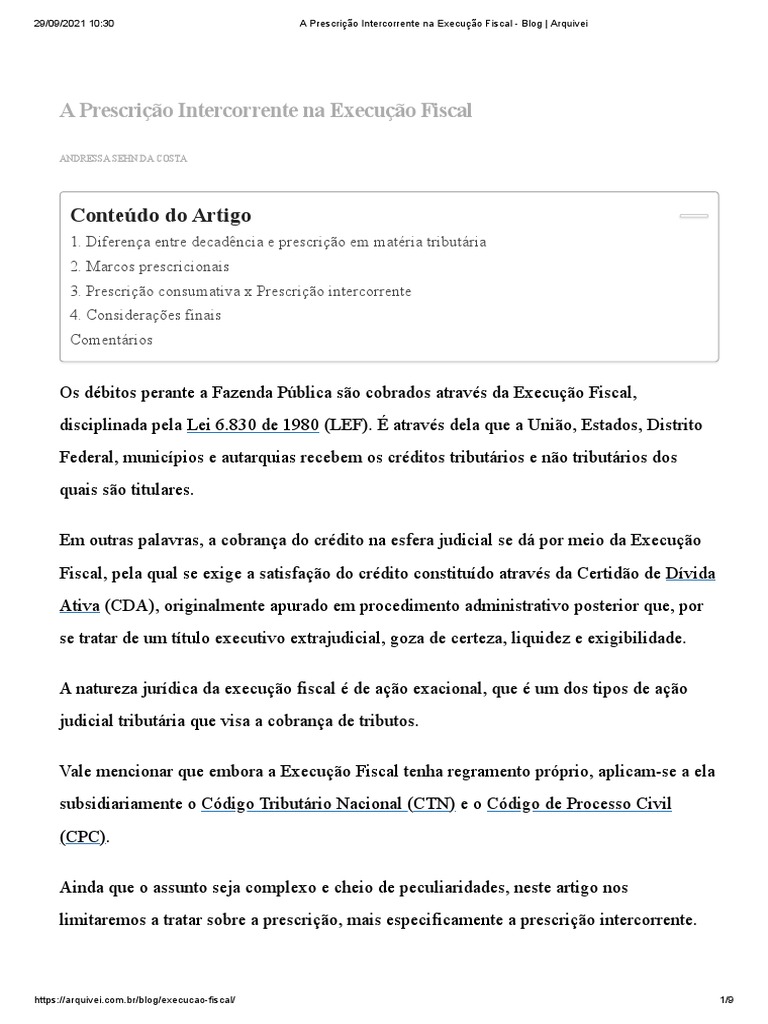 A Prescrição Intercorrente Na Execução Fiscal | PDF | Estatuto de ...