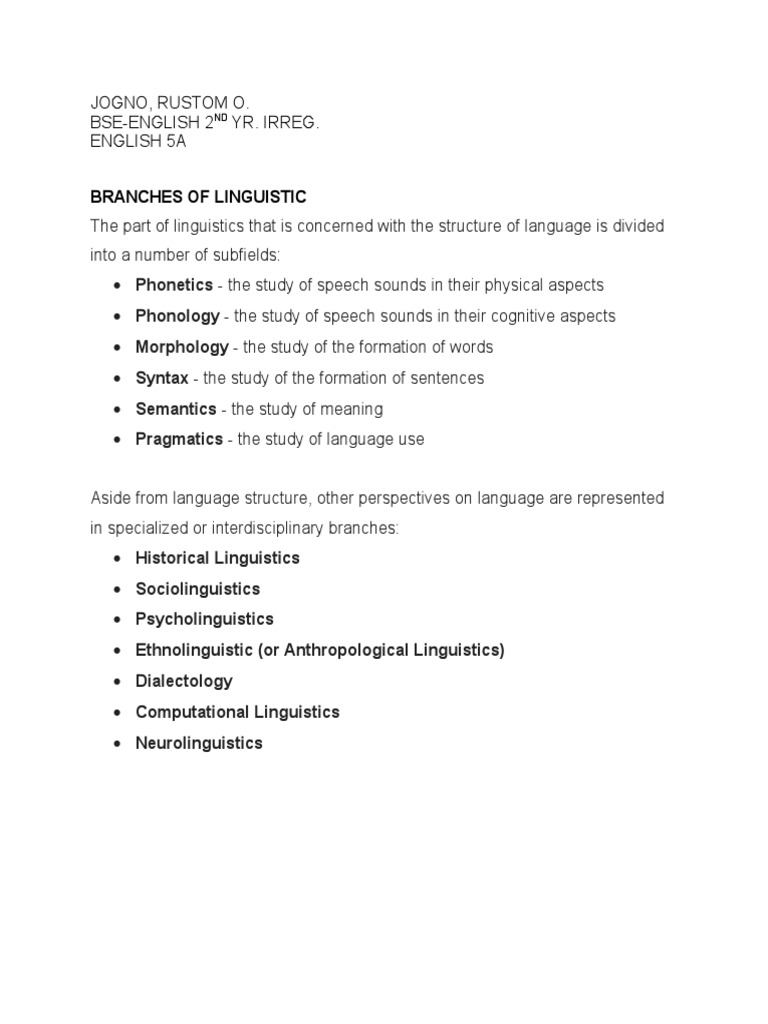 Overview of Linguistic Branches | PDF | Language Arts & Discipline