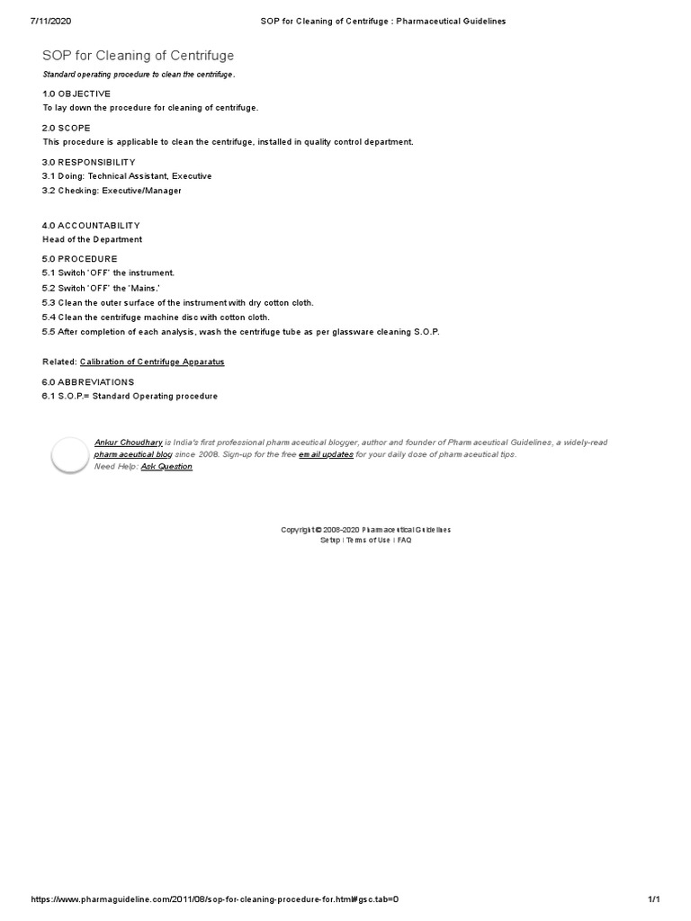 SOP For Cleaning of Centrifuge Pharmaceutical Guidelines PDF