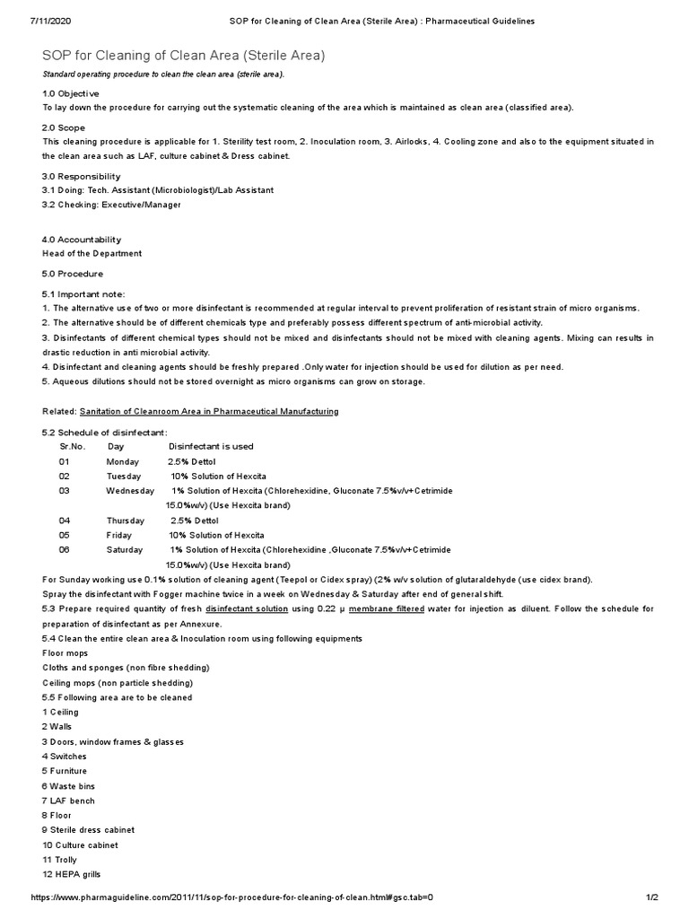 SOP For Cleaning of Clean Area (Sterile Area) - Pharmaceutical ...