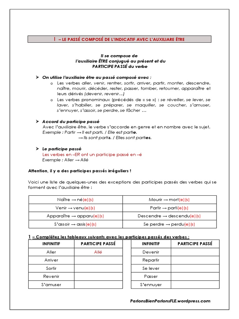 Verbe Passer Au Passé Composé Avec L auxiliaire Etre Le-Passé-Composé Avec L'auxiliaire Être | PDF | Morphologie | Unités  sémantiques