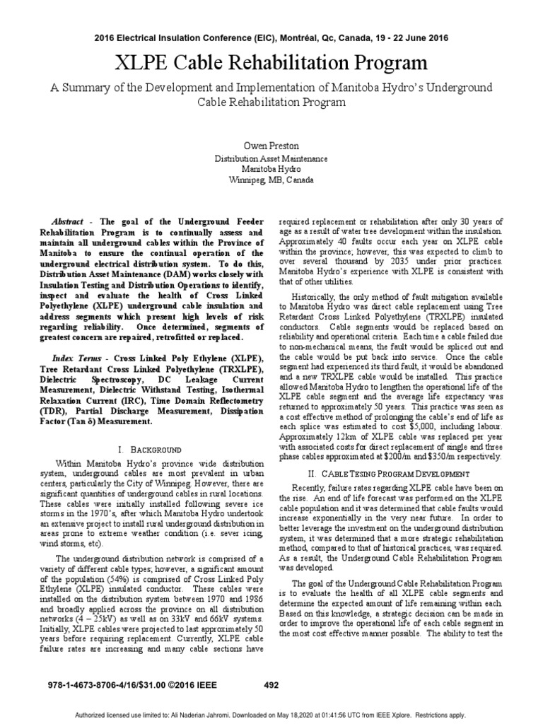 XLPE Cable Rehabilitation Program - Manitoba 2016 | PDF | Electrical ...