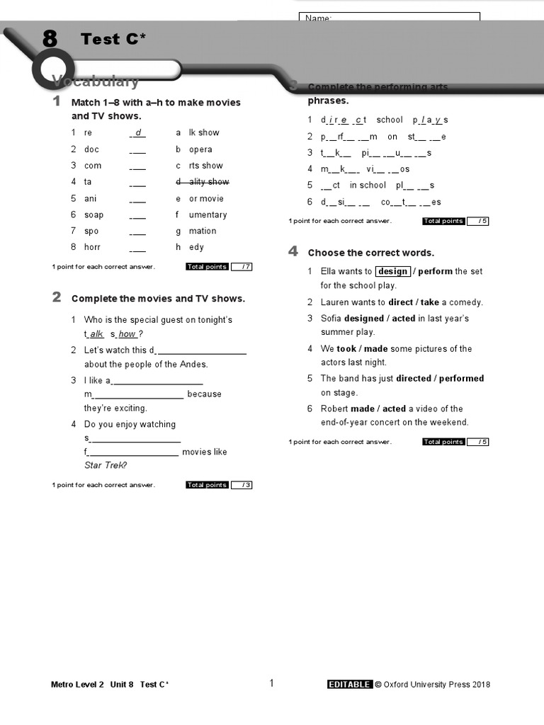 Metro Level 2 Unit 8 Test C One Star | PDF
