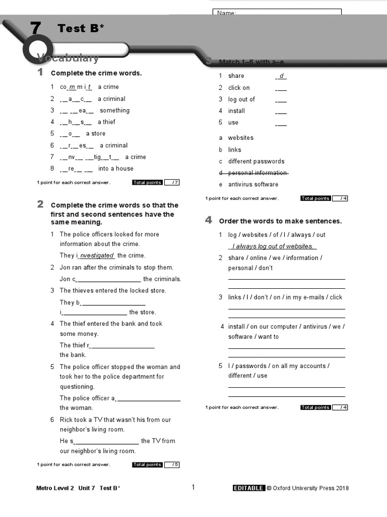Metro Level 2 Unit 7 Test B One Star | PDF