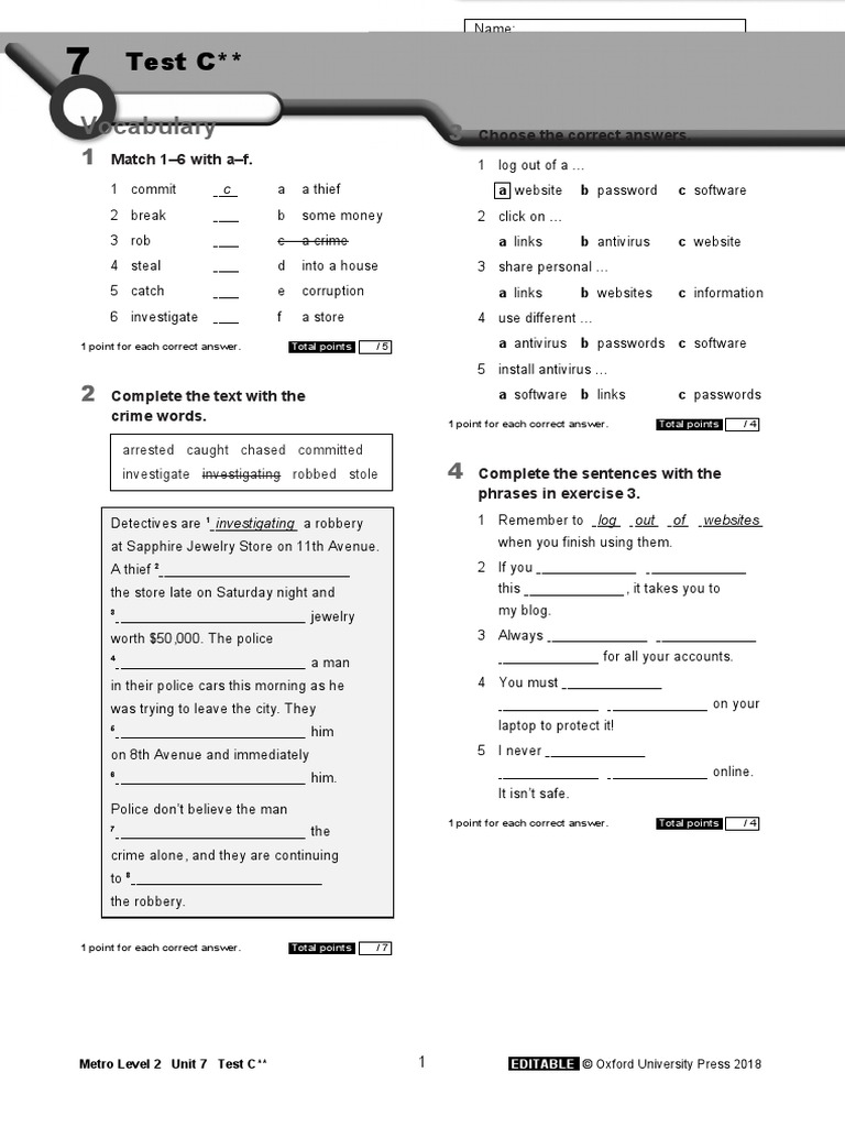 Metro Level 2 Unit 7 Test C Two Stars | PDF