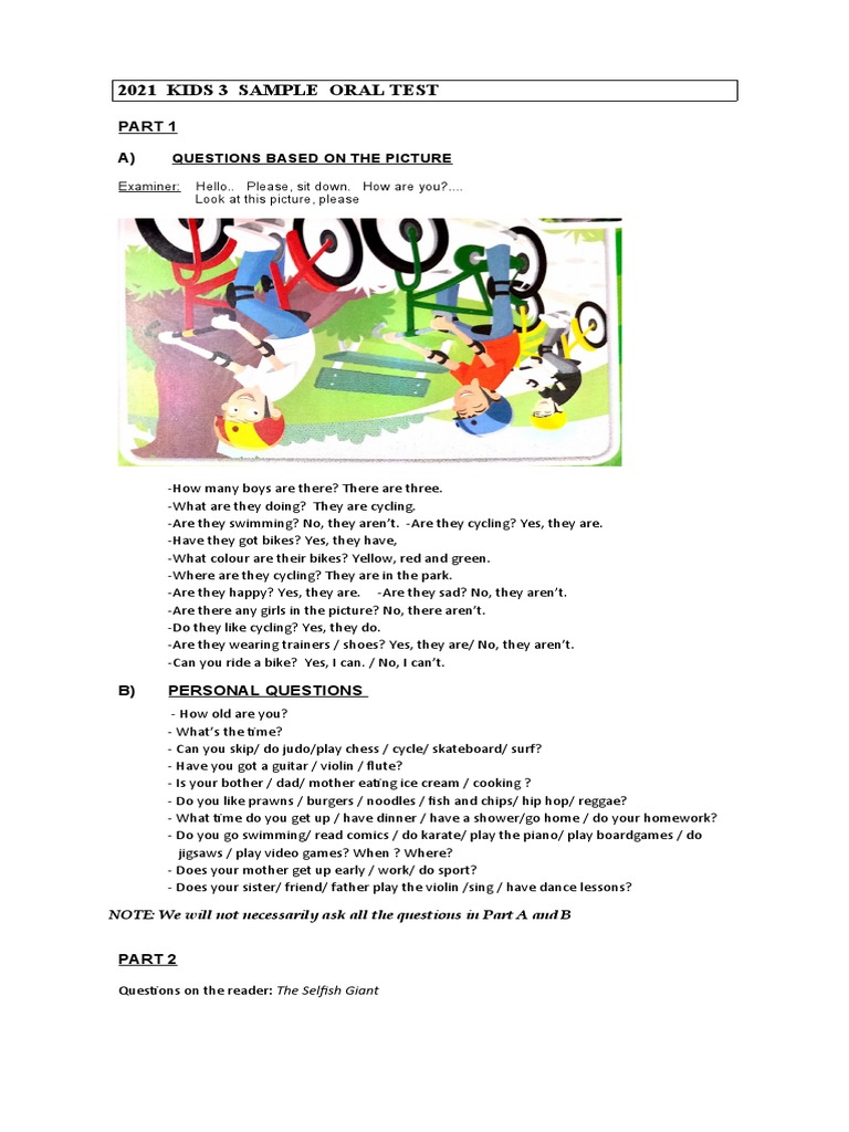 Kids 3 Sample Oral Test 2021 | PDF