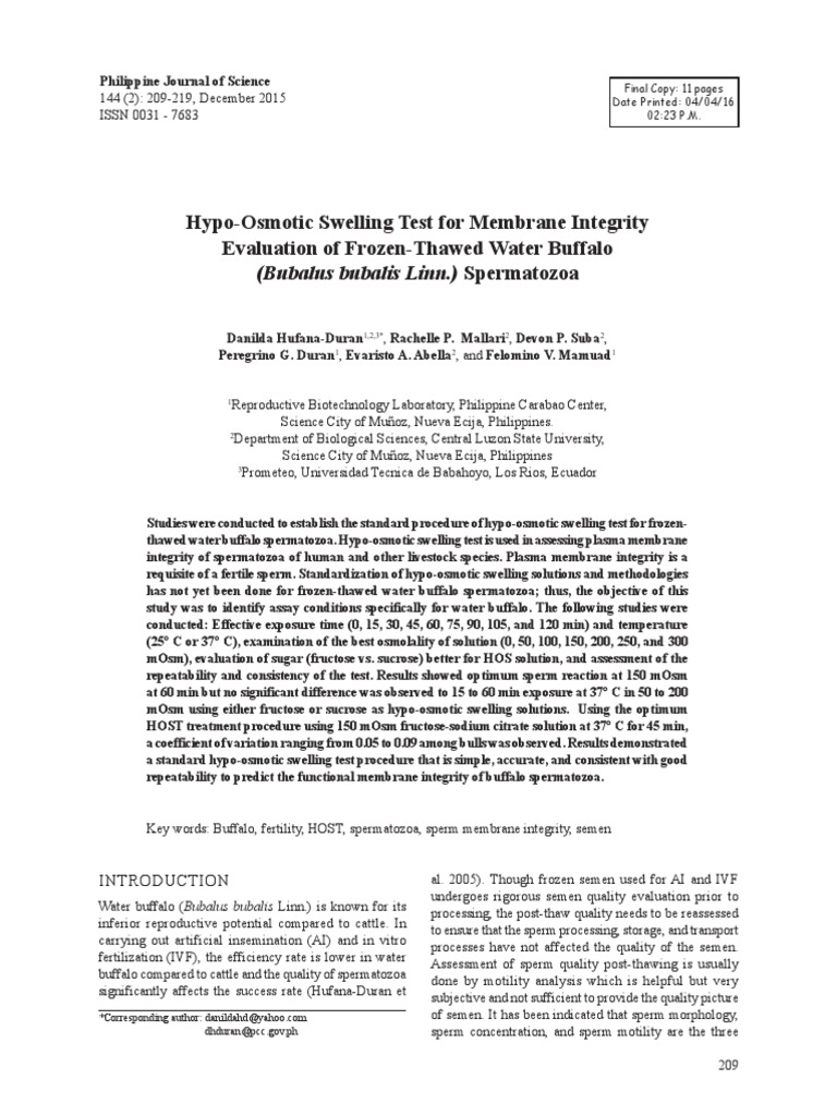 Hypo-Osmotic Test for Buffalo Sperm Integrity | PDF | Semen | Fructose