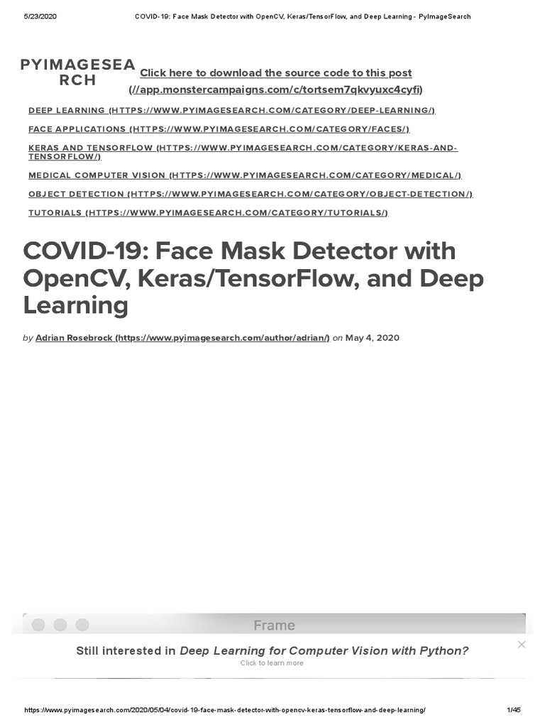 COVID19 Face Mask Detector With OpenCV, Keras TensorFlow, and Deep