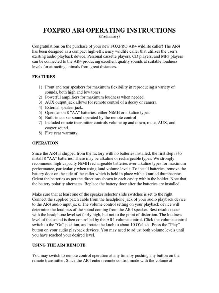 Foxpro Ar4 Operating Instructions Features PDF Rechargeable