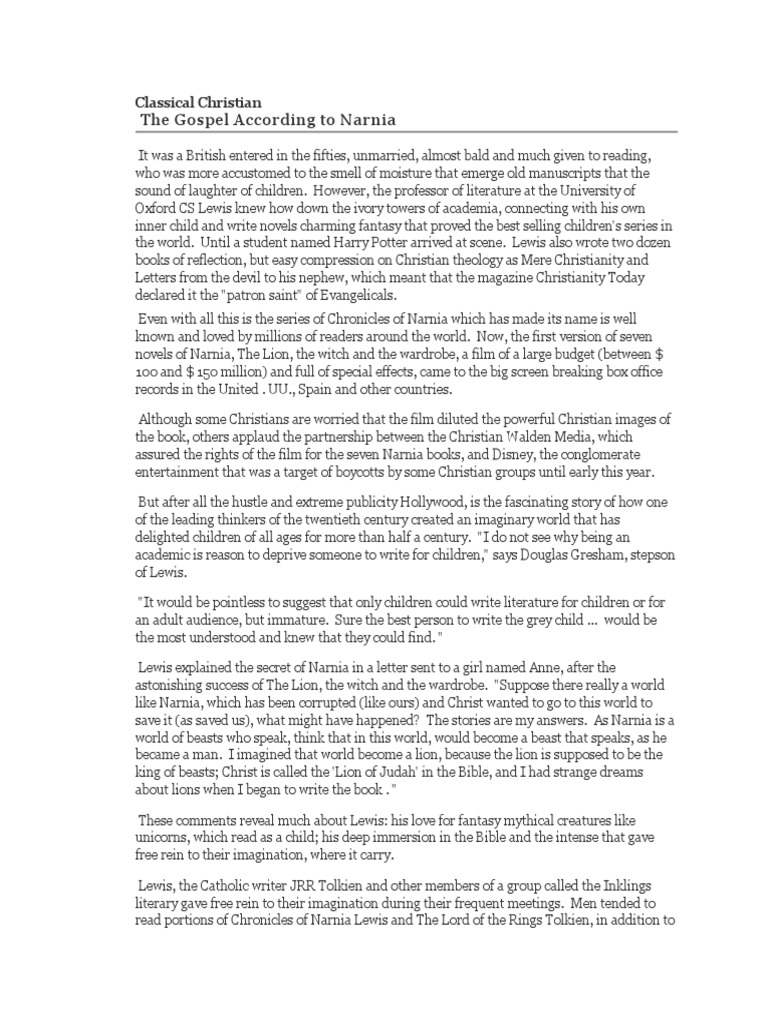 The Gospel According To Narnia Classical Christian Pdf The