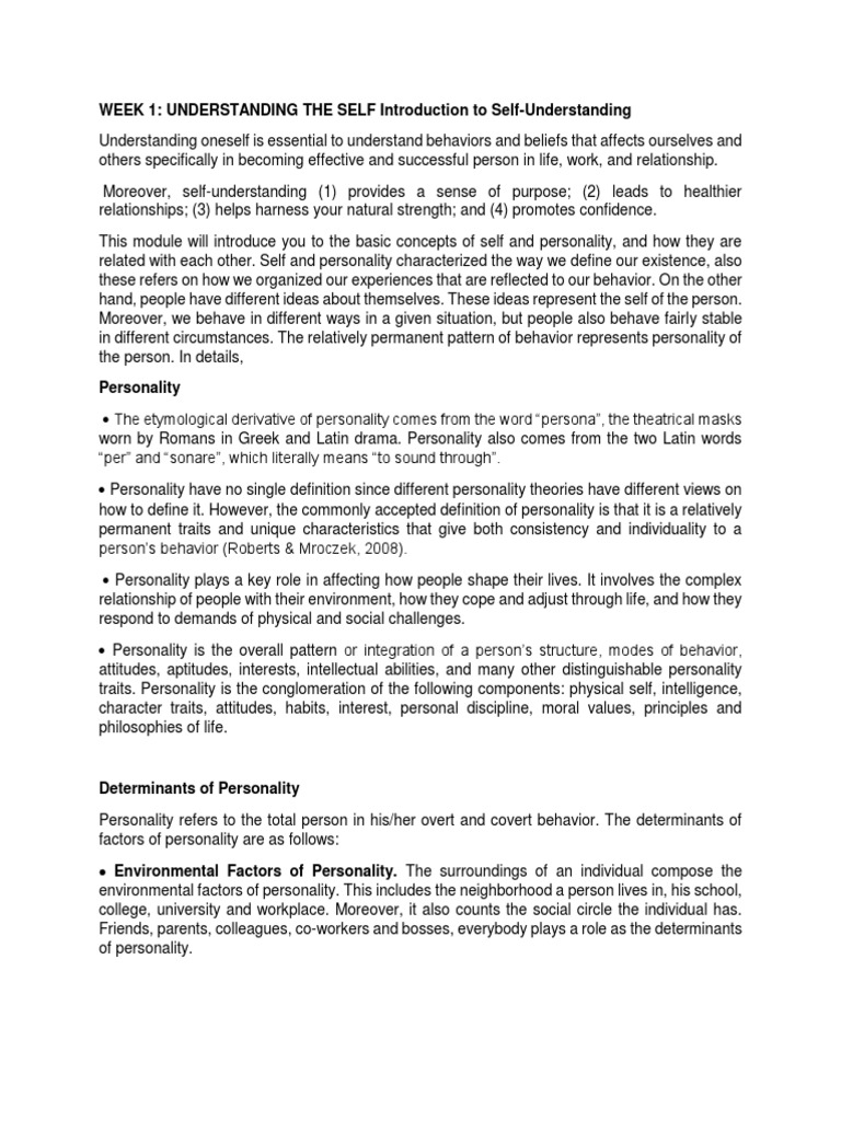WEEK 1-UNDERSTANDING THE SELF Introduction To Self-Understanding | PDF ...