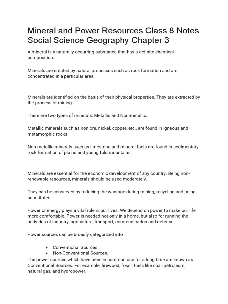 Mineral and Power Resources Class 8 Notes Social Science Geography