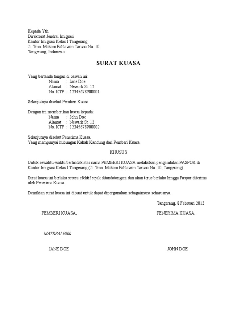 Contoh Surat Kuasa Pengambilan Paspor Pdf