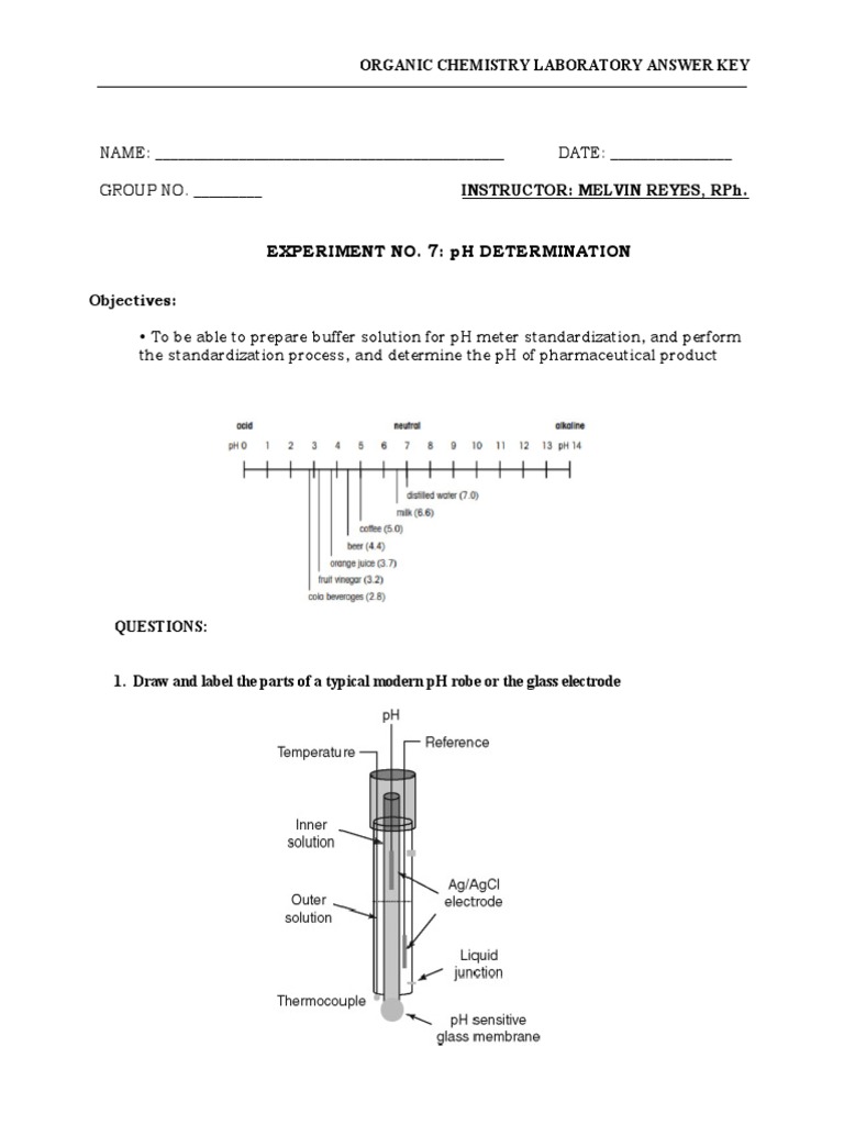 Experiment No. 7 PH Determination Organic Chemistry Laboratory Answer Key PDF