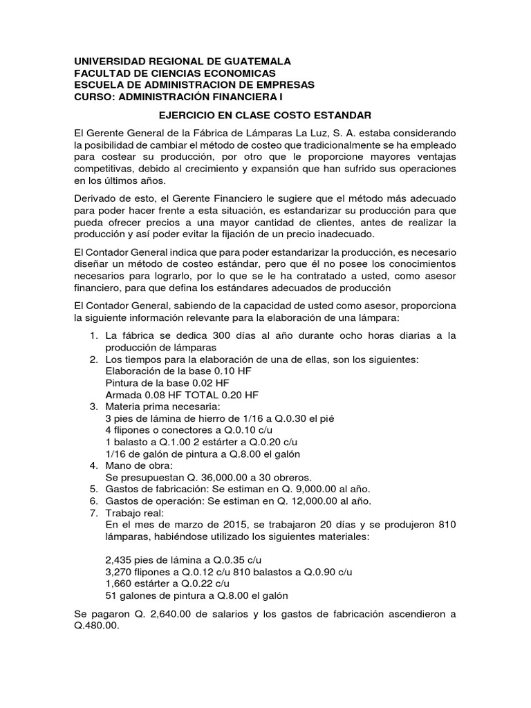 Ejercicio Costo Estandar Pdf Economias