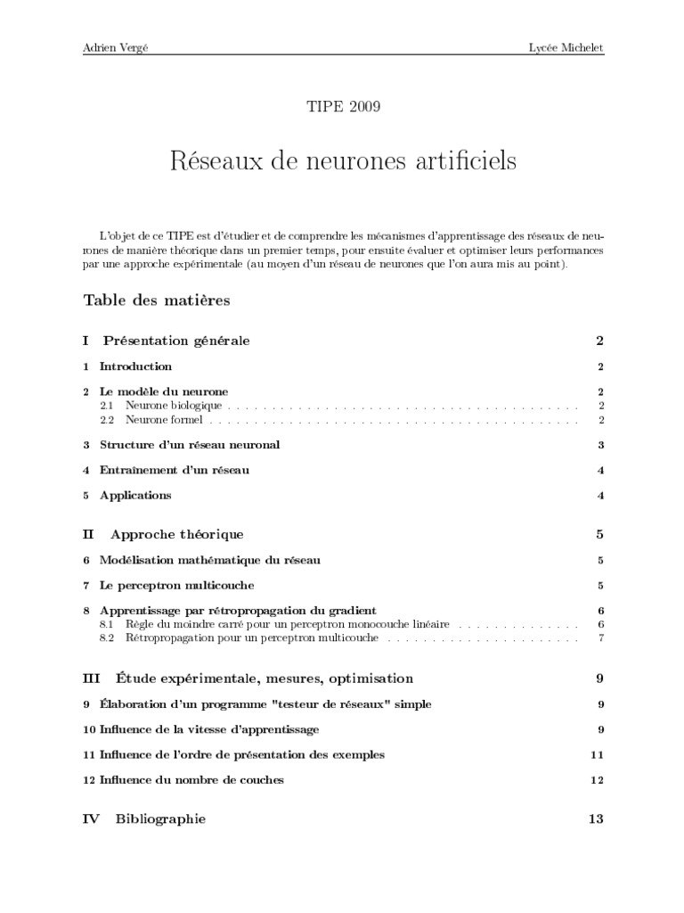 Réseaux de Neurones Articiels: TIPE 2009 | PDF | Méthodes et références ...