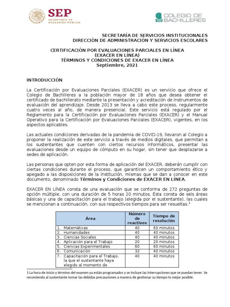 Términos y Condiciones de EXACER EN LÍNEA | PDF | Prueba (evaluación ...