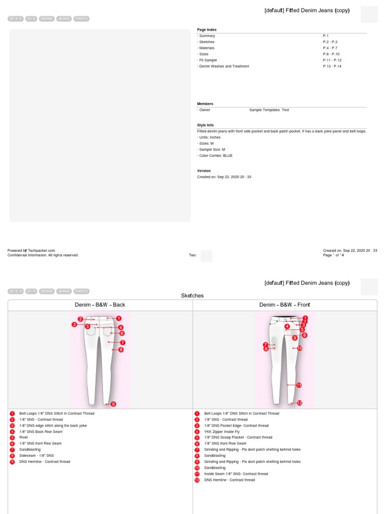 Denim Jeans Tech Pack PDF Seam (Sewing) Jeans