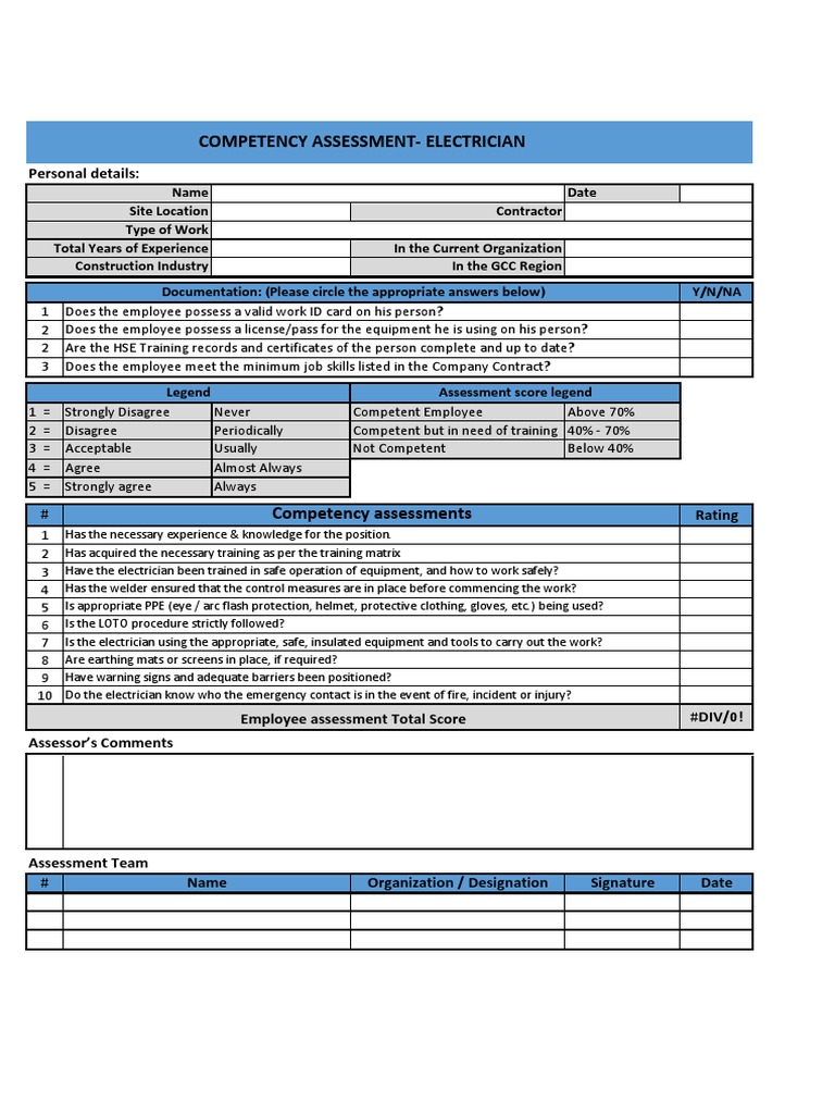 Electrician Competency Assessment Form | PDF | Electrician | Personal ...