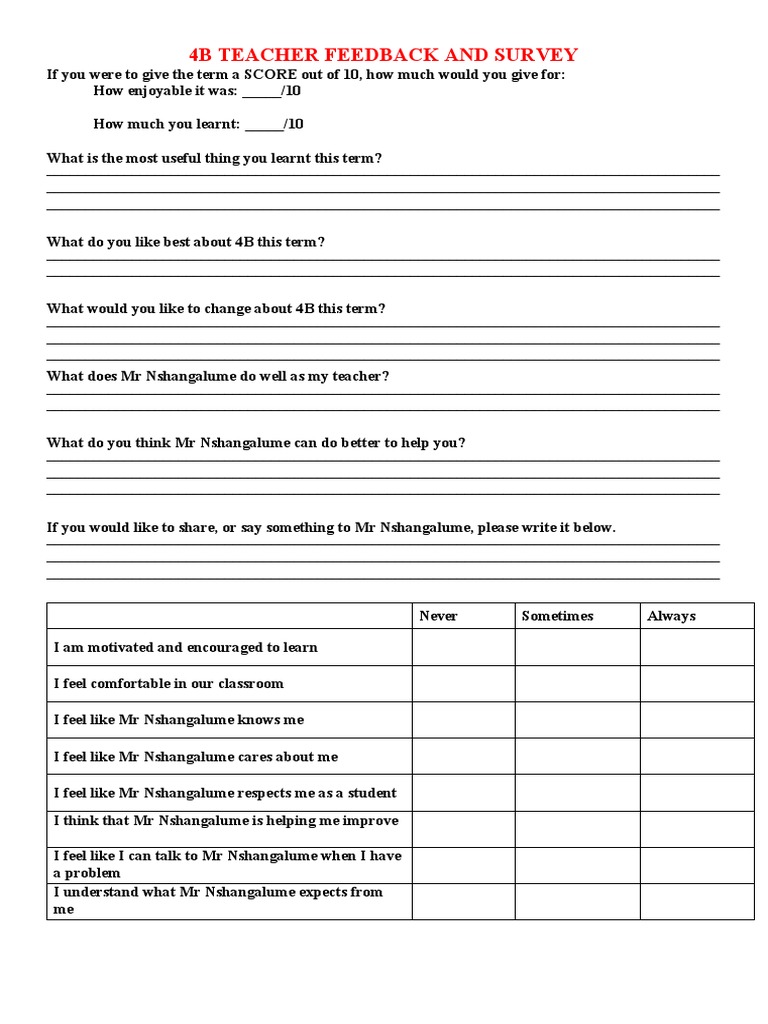 4B Teacher Feedback Survey Form | PDF | Career & Growth | Language Arts ...
