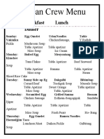 Korean Crew Menu: Breakfast Lunch Dinner