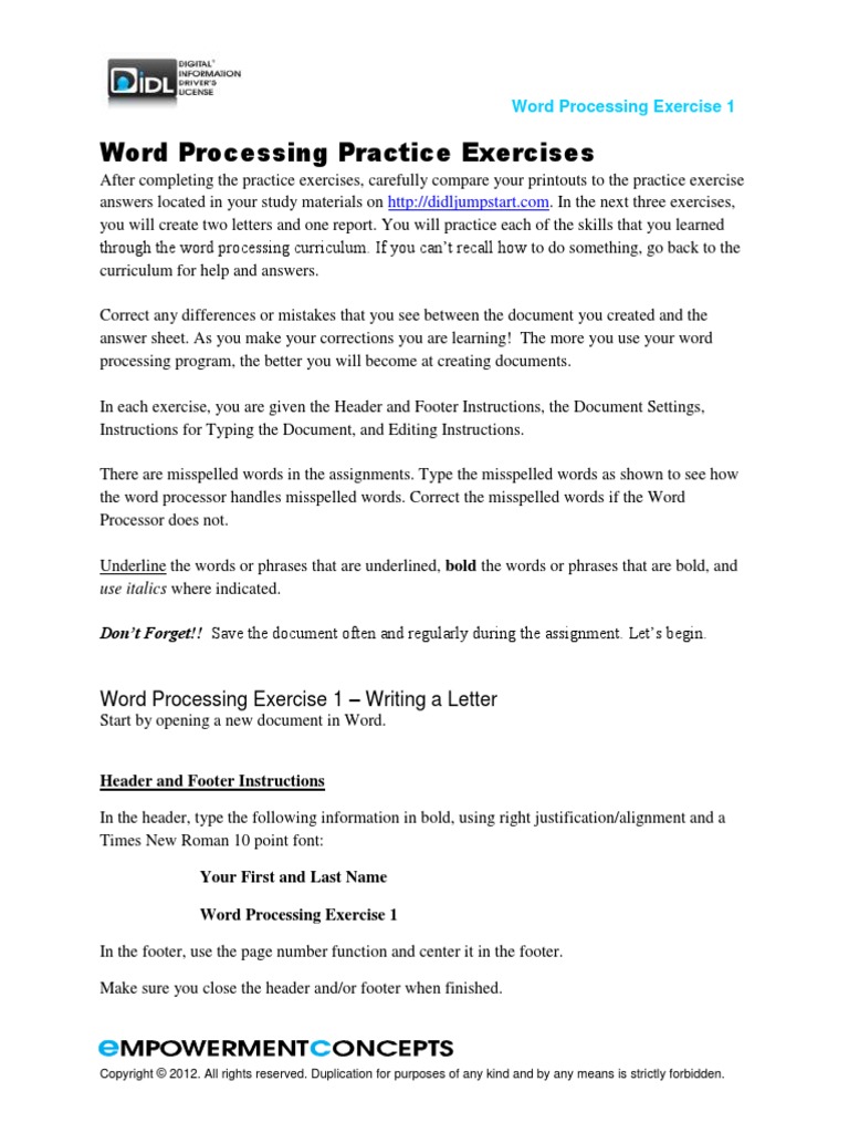 Word Processing Practice Exercises | PDF | Word Processor | Written ...