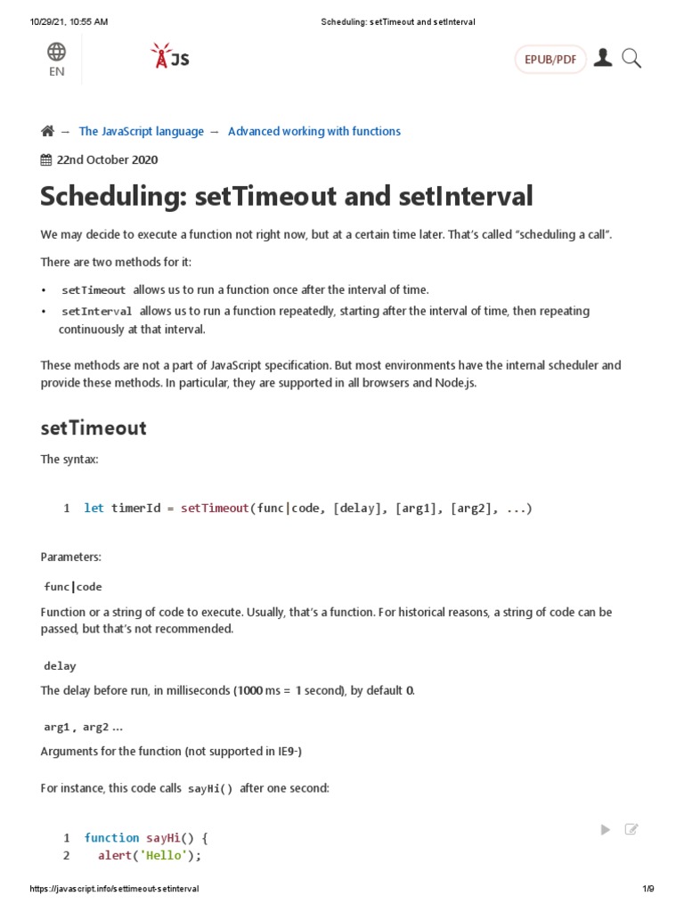 Scheduling - Settimeout and Setinterval | PDF | Java Script | Subroutine
