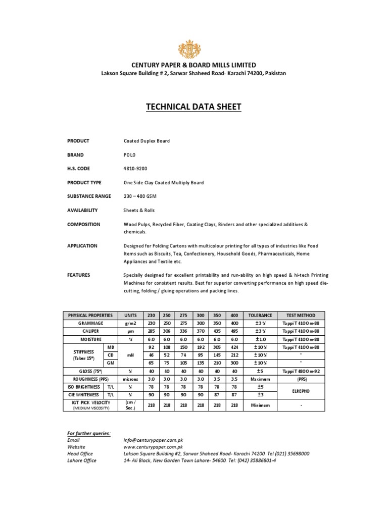 Technical Data Sheet Century Paper & Board Mills Limited Download