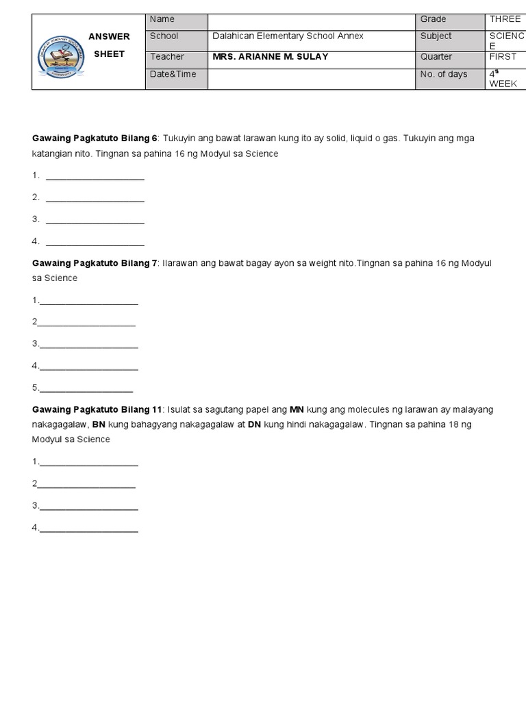 Science 4th Week Answer Sheet | PDF