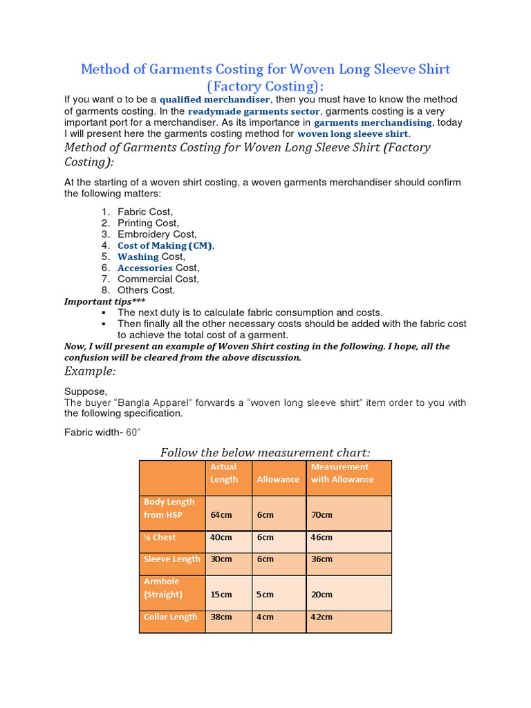 Woven Shirt Garments Costing PDF Shirt Textiles