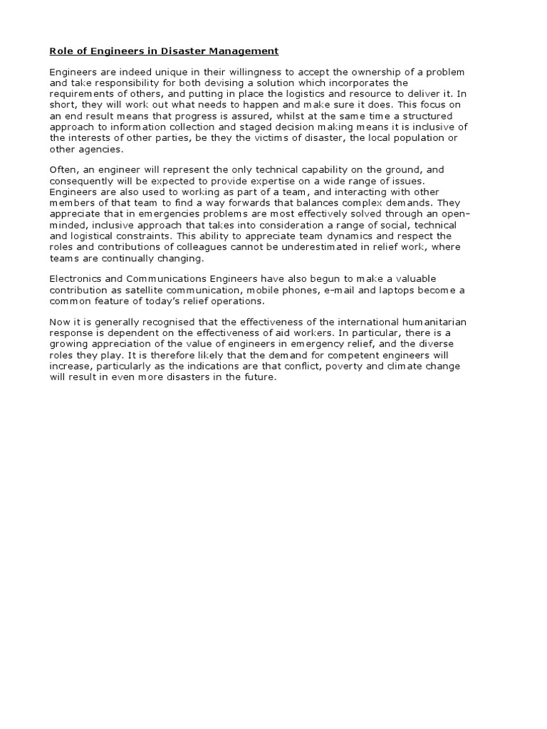 Role of Engineers in Disaster Management | PDF