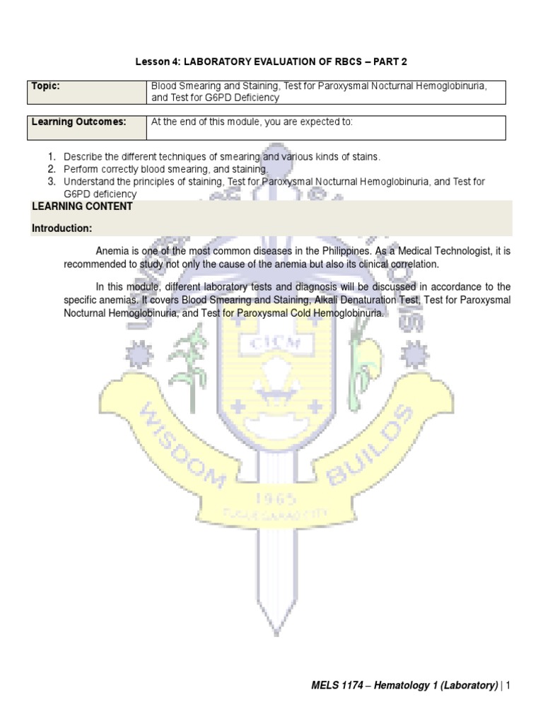 Hematology 1 Laboratory Week 10 11 Module Pdf Anemia Staining