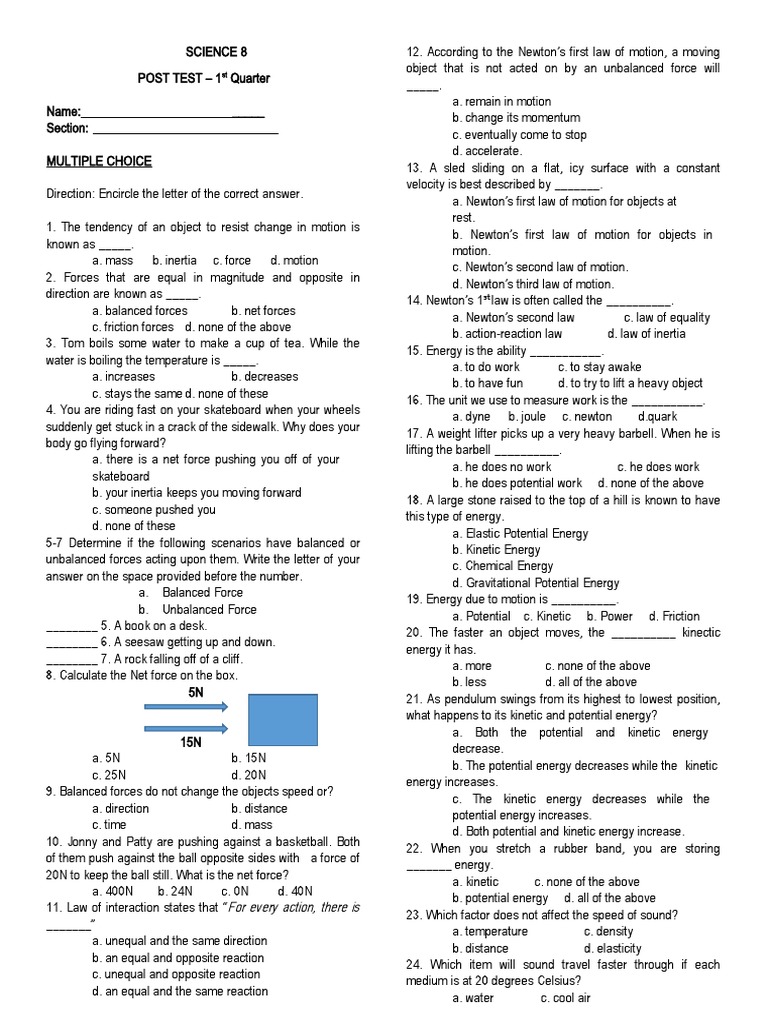 Science8 Pretest 1st Quarter PDF Force Newton's Laws Of Motion